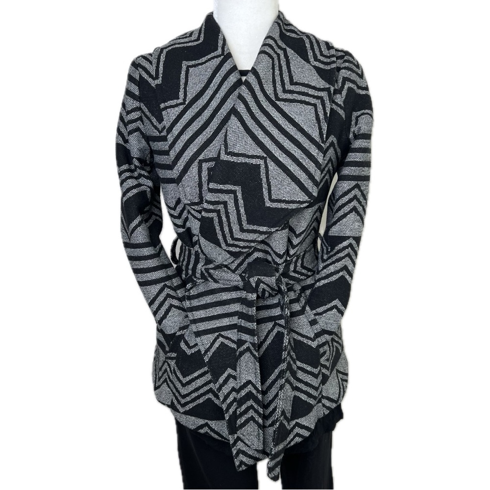 Wool Blend Coat Belted Wrap Geometric Zigzag Charlotte Russe Black Gray Small S - Picture 9 of 15